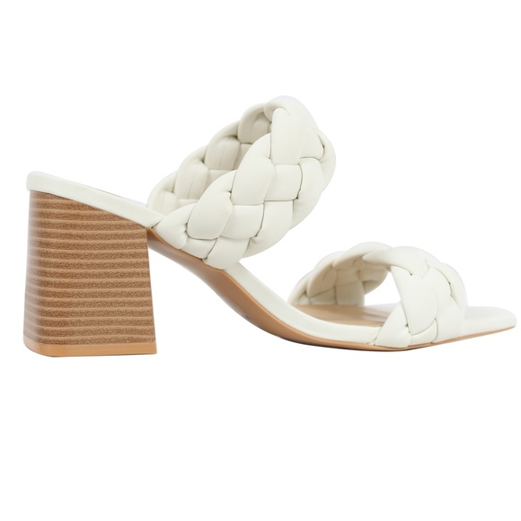 White Braided Open Toe Double Strap Stacked Heels - Picture 4 of 5